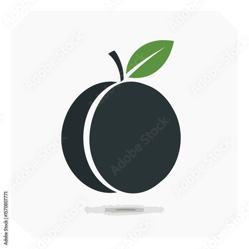 Stylized Plum Fruit Icon on White Background with Leaf and Shadow