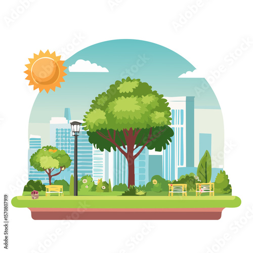 City Park Scene with Buildings, Trees, Benches, and Sunny Weather
