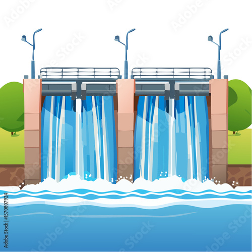 Hydroelectric Dam Illustration with Water Cascading Down Stream