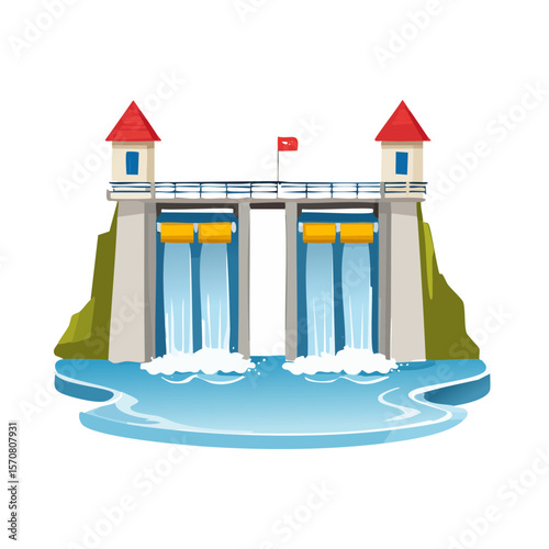 Hydroelectric Dam Illustration with Water Flowing and Red Roof