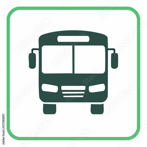 Green bus icon front view transport symbol on square sign for public transit routes