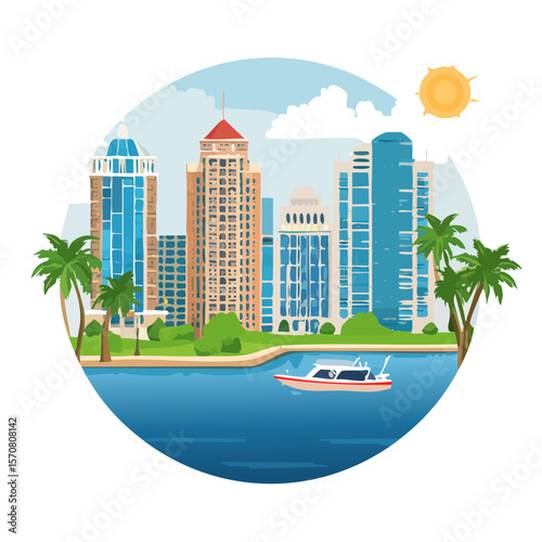 Scenic Dubai Skyline Vector Illustration with Palm Trees and Yacht