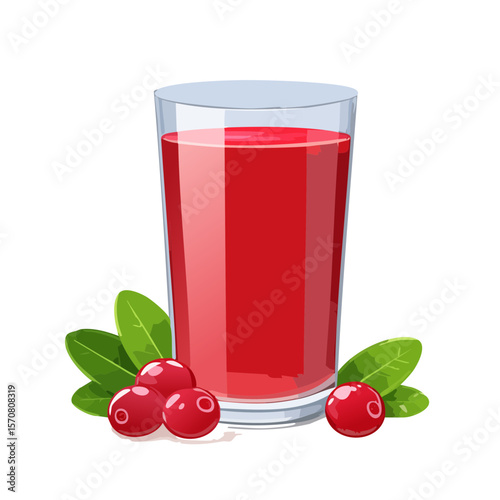 Fresh Cranberry Juice Illustration in a Glass with Berries and Leaves