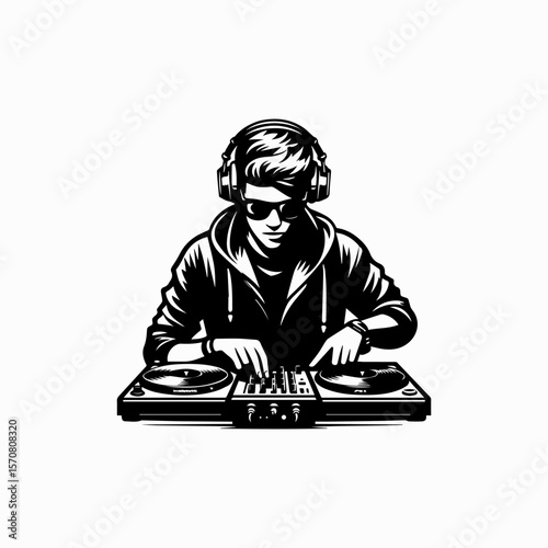 DJ Male Logo Vector with Turntable and Headphones Isolated on White

