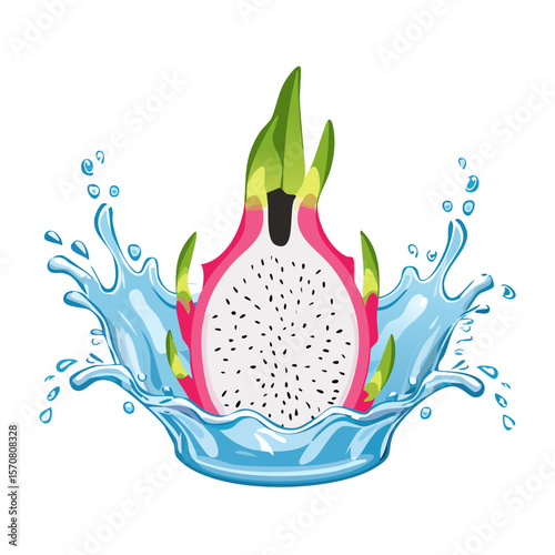 Vibrant Dragon Fruit Slice Plunging into Refreshing Water Splash