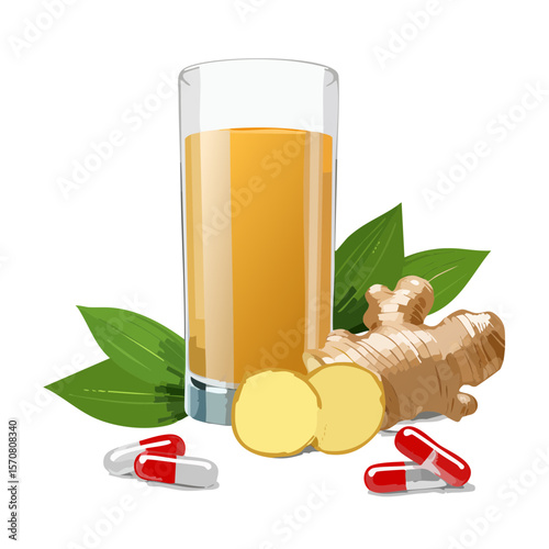 Ginger tonic with fresh root and capsule supplements for wellness