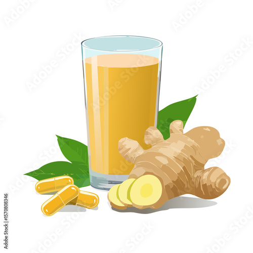 Ginger juice, ginger root, leaves, and capsules for wellness and health