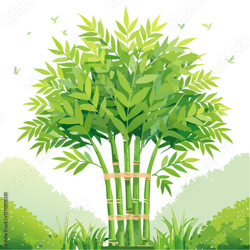 Fresh Green Bamboo Stalks with Lush Foliage and Natural Binding