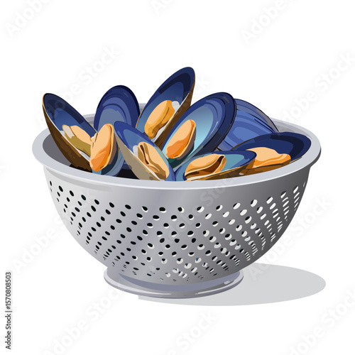 Fresh Mussels in a Colander: Seafood Ready to Cook