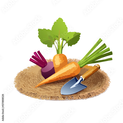 Freshly Harvested Vegetables and Garden Tool on a Burlap Mat Still Life