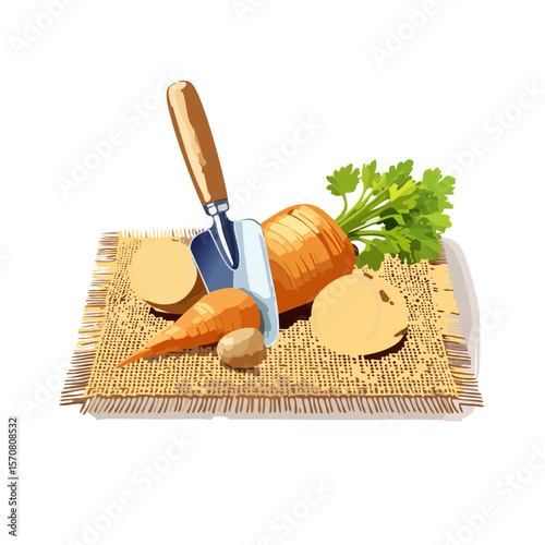 Freshly Harvested Vegetables Still Life with Garden Trowel