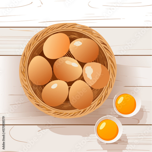A Basket of Eggs and Egg Yolks on a Wooden Table Top View Illustration