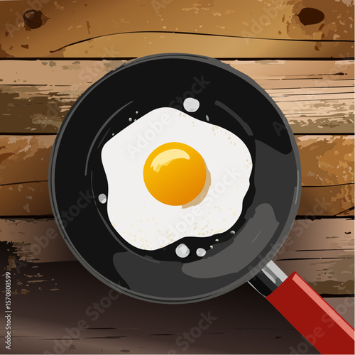 Fried Egg in a Pan on a Wood Table - Vector Image Illustration