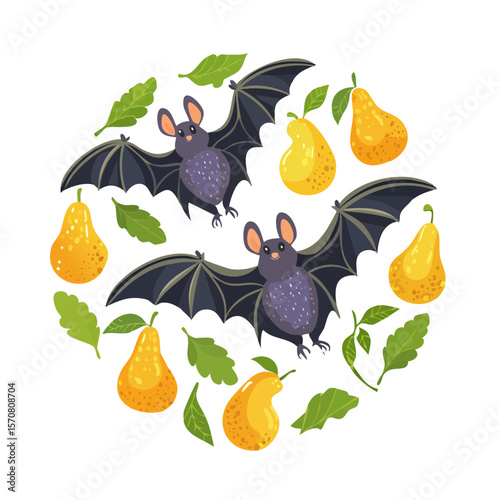 Cute Halloween Bats and Pears Illustration for Autumn Seasonal Designs