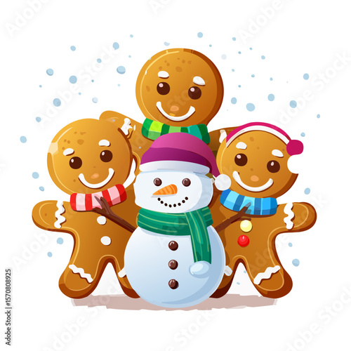 Festive Gingerbread Friends and Snowman Holiday Scene