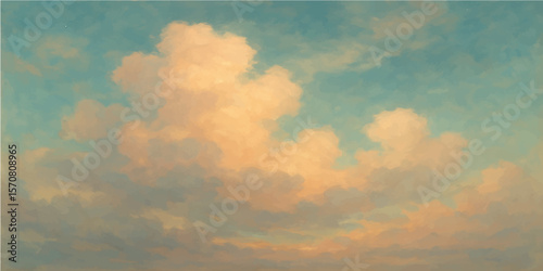 Dramatic blue sky with fluffy white clouds, sunlight breaking through the overcast weather