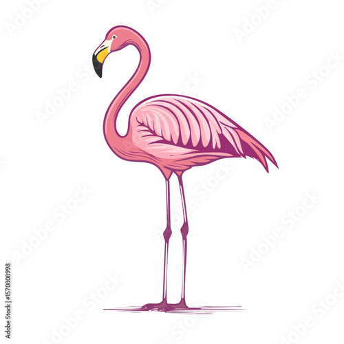 Stylish pink flamingo illustration. Tropical bird concept art. Exotic wildlife design element. Summer avian icon for greeting cards and decor.