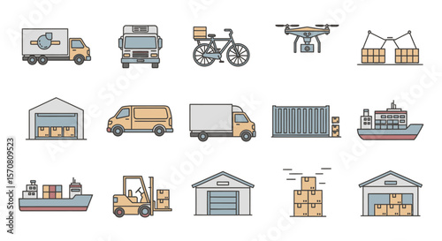 Logistics, Shipping, and Delivery Outline Icon Set