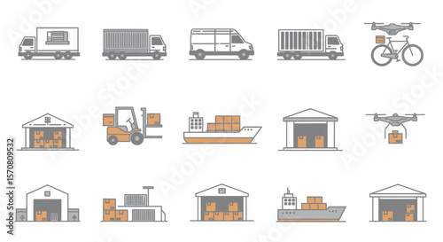 Logistics, Shipping, and Delivery Outline Icon Set