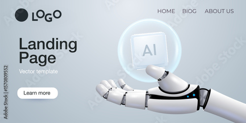 Web banner with robot hand holding processor, technology, machine learning, neural network, Artificial Intelligence, AI. Vector landing page