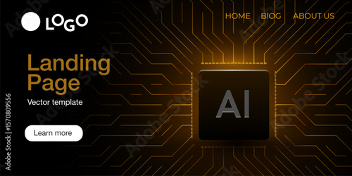 Web banner AI chip on circuit board. Technology background. CPU processor on tech bg. Computer microchip on motherboard. Vector illustration