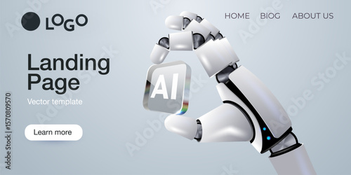 Web banner with robot hand holding processor, technology, machine learning, neural network, Artificial Intelligence, AI. Vector landing page