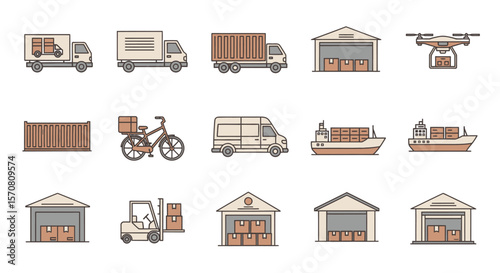 Logistics, Shipping, and Delivery Outline Icon Set