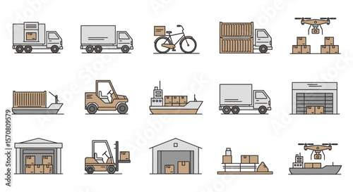 Logistics, Shipping, and Delivery Outline Icon Set