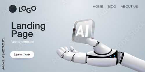 Web banner with robot hand holding processor, technology, machine learning, neural network, Artificial Intelligence, AI. Vector landing page