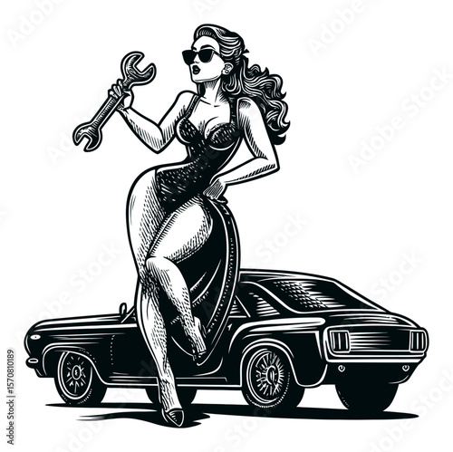 Vintage Style Woman with Wrench Posing Next to Classic Car in Vector Art