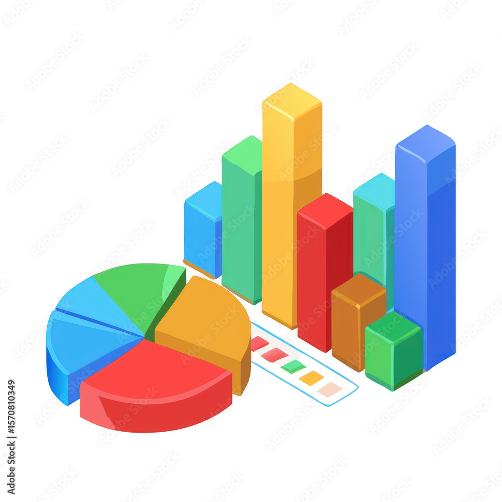 Obraz premium Colorful 3d bar chart and pie chart with data visualization isolated on transparent background