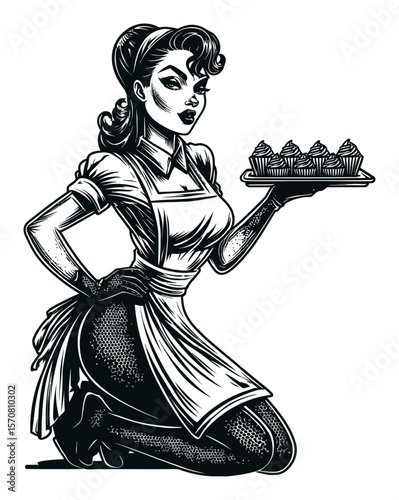 Vintage Hand-Drawn Maid Serving Cupcakes in Retro Style Art Illustration