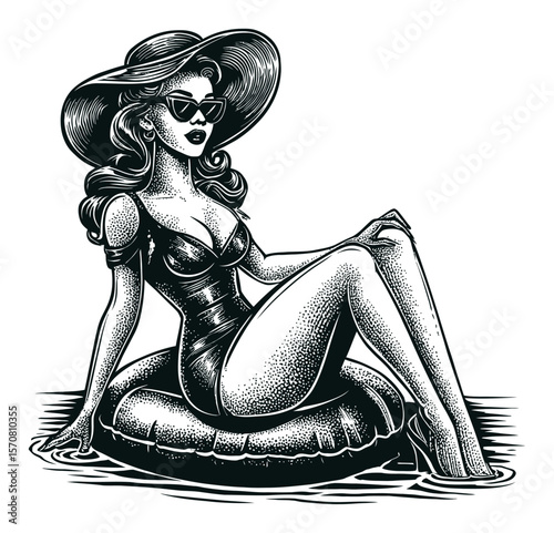 Vintage Illustration of a Fashionable Woman Relaxing on a Floating Ring