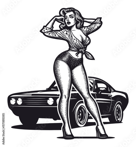 Vintage Style Hand Drawn Illustration of a Woman with Classic Car