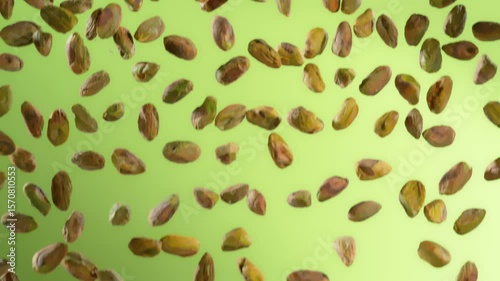 Super Slow Motion Shot of Falling Peeled Pistachio Nuts on Green Gradient Background at 1000fps.