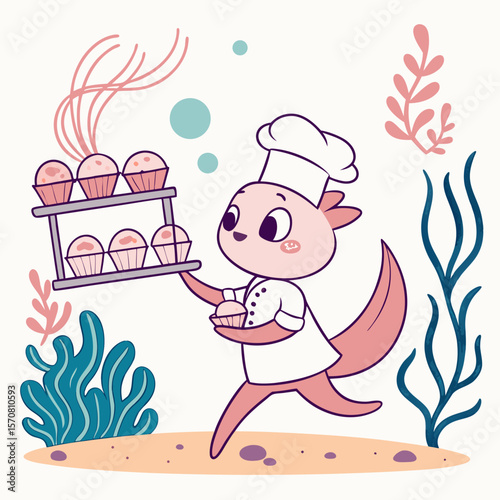 Adorable Axolotl Baker Delivering Freshly Baked Cupcakes Underwater