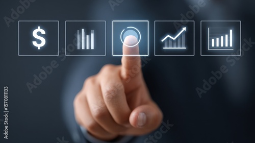 Digital payment touch screen with financial icons and charts for modern marketing strategies in a financial environment