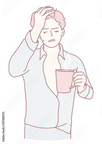 A wornout young man with messy hair, clutching a steaming cup of coffee, appears visibly overwhelmed and tired
