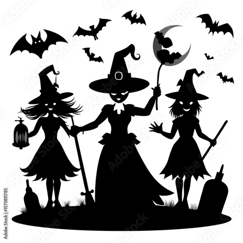 Halloween witch silhouettes. Magic witch ladies with broomstick, hats and bats, scary witches making magic illustration set. Female wizards silhouettes Pro Vector
