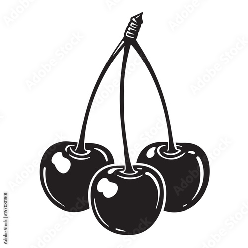 Simple black and white illustration of three fresh cherries connected by a stem