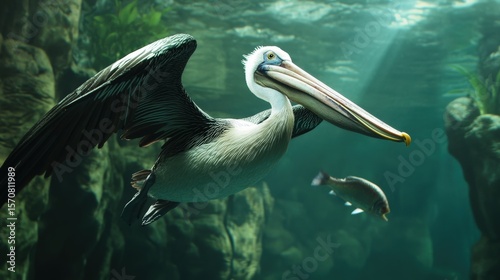 Pelican in flight underwater.