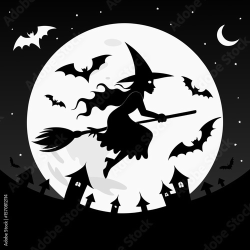 Halloween witch silhouettes. Magic witch ladies with broomstick, hats and bats, scary witches making magic illustration set. Female wizards silhouettes Pro Vector
