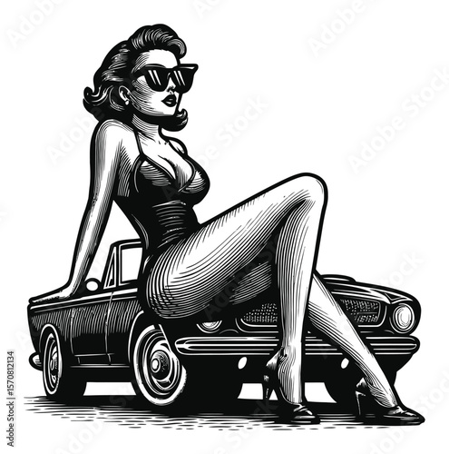 Stylish Woman Posing with Classic Car in Vintage Black and White Vector Art