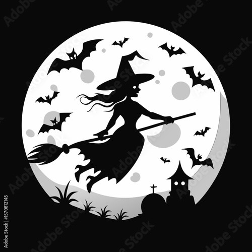 Halloween witch silhouettes. Magic witch ladies with broomstick, hats and bats, scary witches making magic illustration set. Female wizards silhouettes Pro Vector
