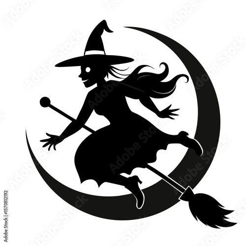 Halloween witch silhouettes. Magic witch ladies with broomstick, hats and bats, scary witches making magic illustration set. Female wizards silhouettes Pro Vector
