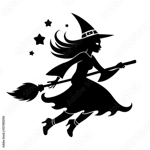 Halloween witch silhouettes. Magic witch ladies with broomstick, hats and bats, scary witches making magic illustration set. Female wizards silhouettes Pro Vector
