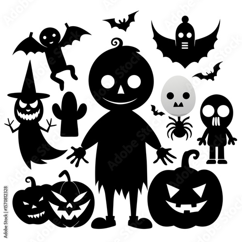 Halloween witch silhouettes. Magic witch ladies with broomstick, hats and bats, scary witches making magic illustration set. Female wizards silhouettes Pro Vector
