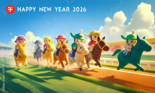 2026 年賀状素材（午年・干支・年賀状）ヨコ-競馬