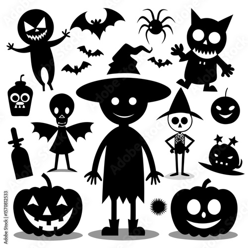 Halloween witch silhouettes. Magic witch ladies with broomstick, hats and bats, scary witches making magic illustration set. Female wizards silhouettes Pro Vector

