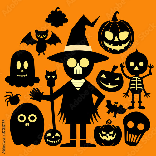 Halloween witch silhouettes. Magic witch ladies with broomstick, hats and bats, scary witches making magic illustration set. Female wizards silhouettes Pro Vector
